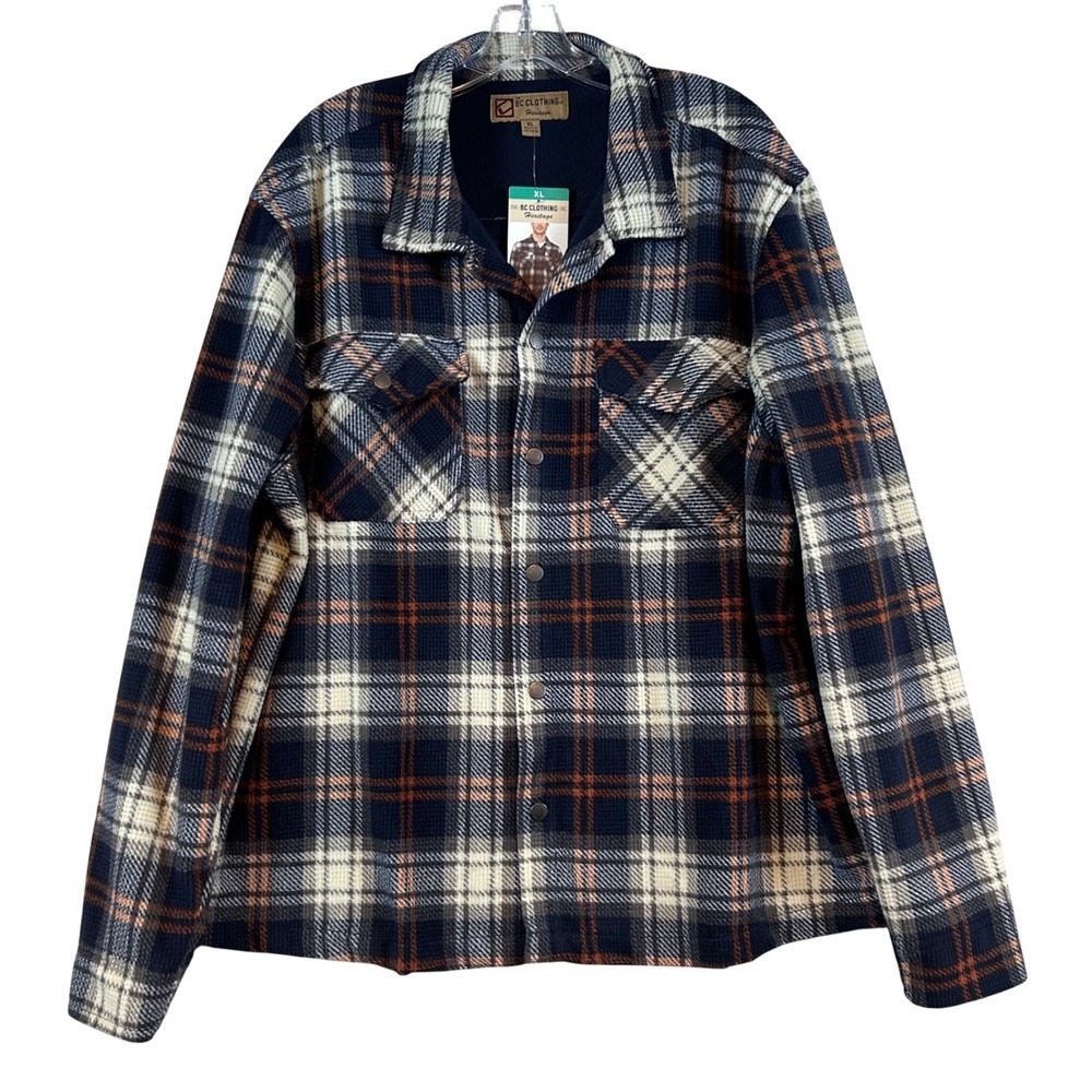 NWT BC Clothing Heritage Mens XL Plaid‎ Waffle Knit Snap Front Shirt Jacket Navy